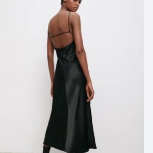 Zara XXL Night Black Satin Slip Spaguetti Strap Cross Back Plead Side Maxi Dress